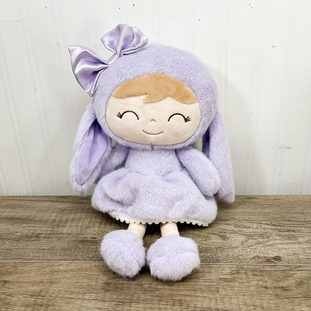 Gloveleya Purple Bunny Plush Girl Doll Satin Bow Pom Pom Trim 12 Inch Toy